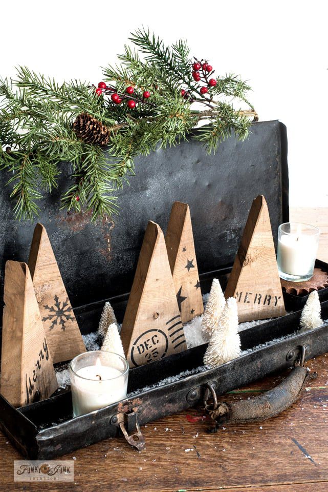Tiny wooden Christmas trees made from scrap wood