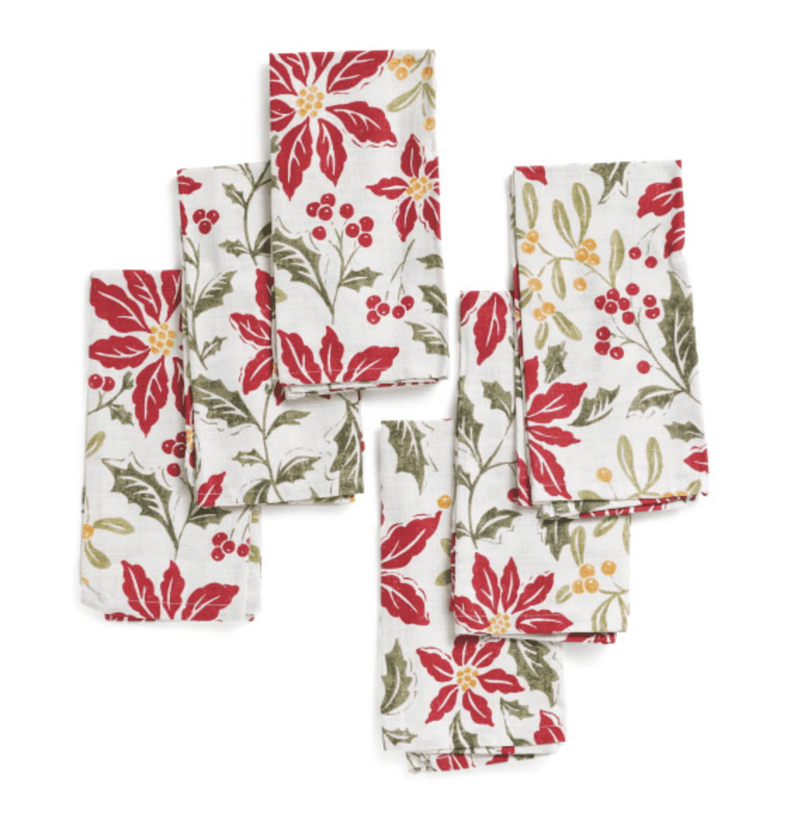 Pacote de seis guardanapos de bloco de impressão com um padrão de poinsétias, bagas e folhas em um fundo branco