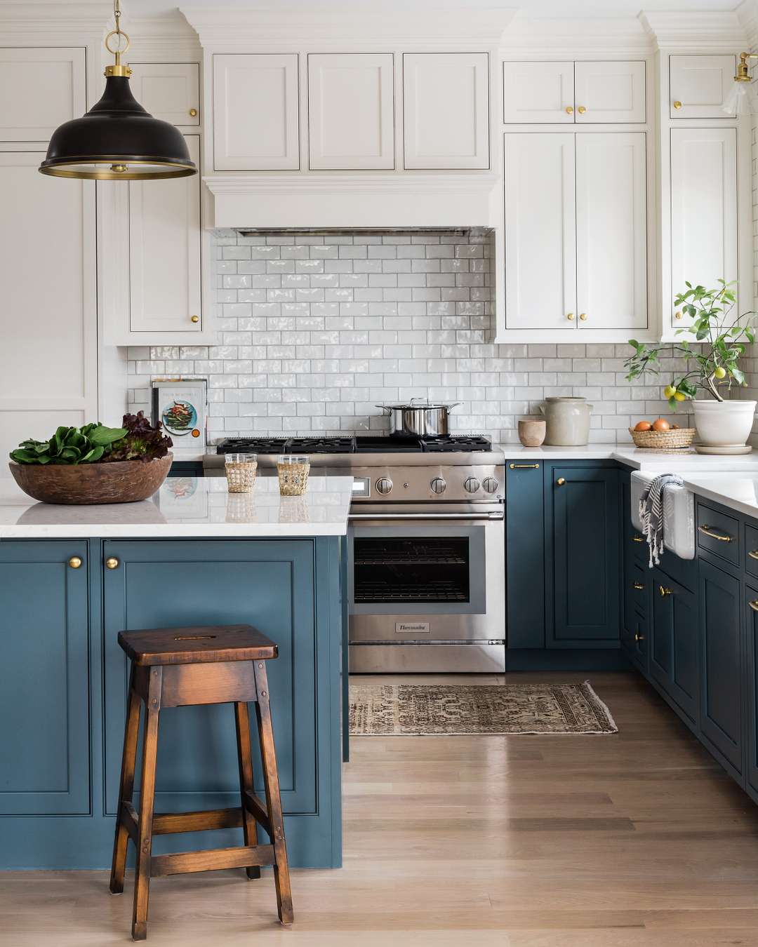 blue cabinets and white tile