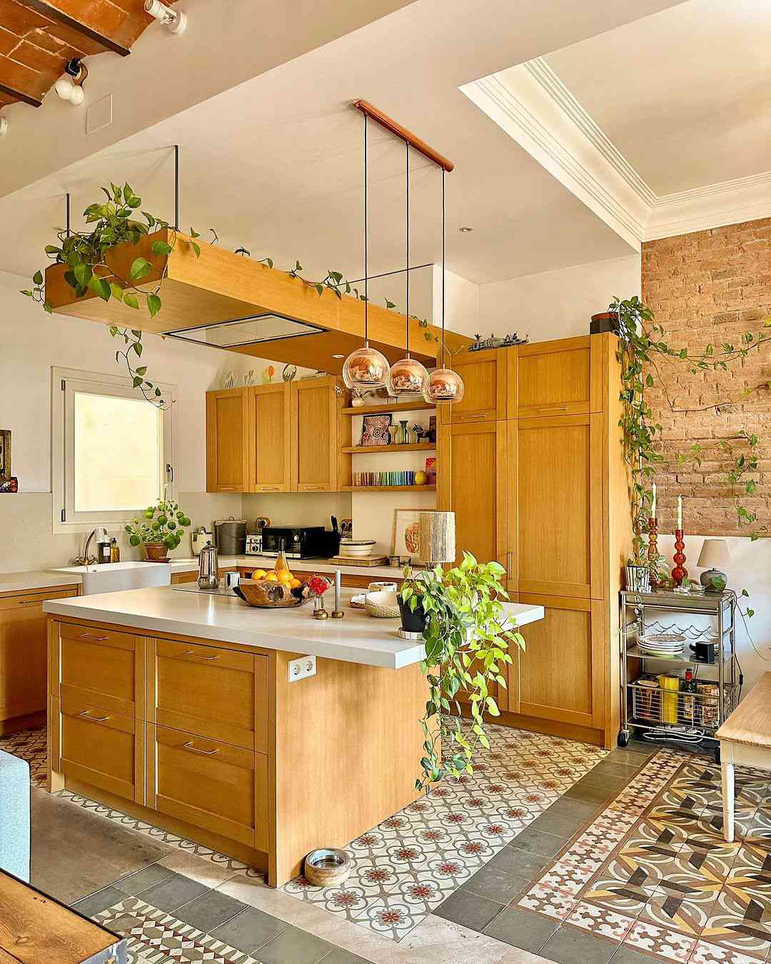 Cozinha com armários de madeira, azulejos e plantas ao redor
