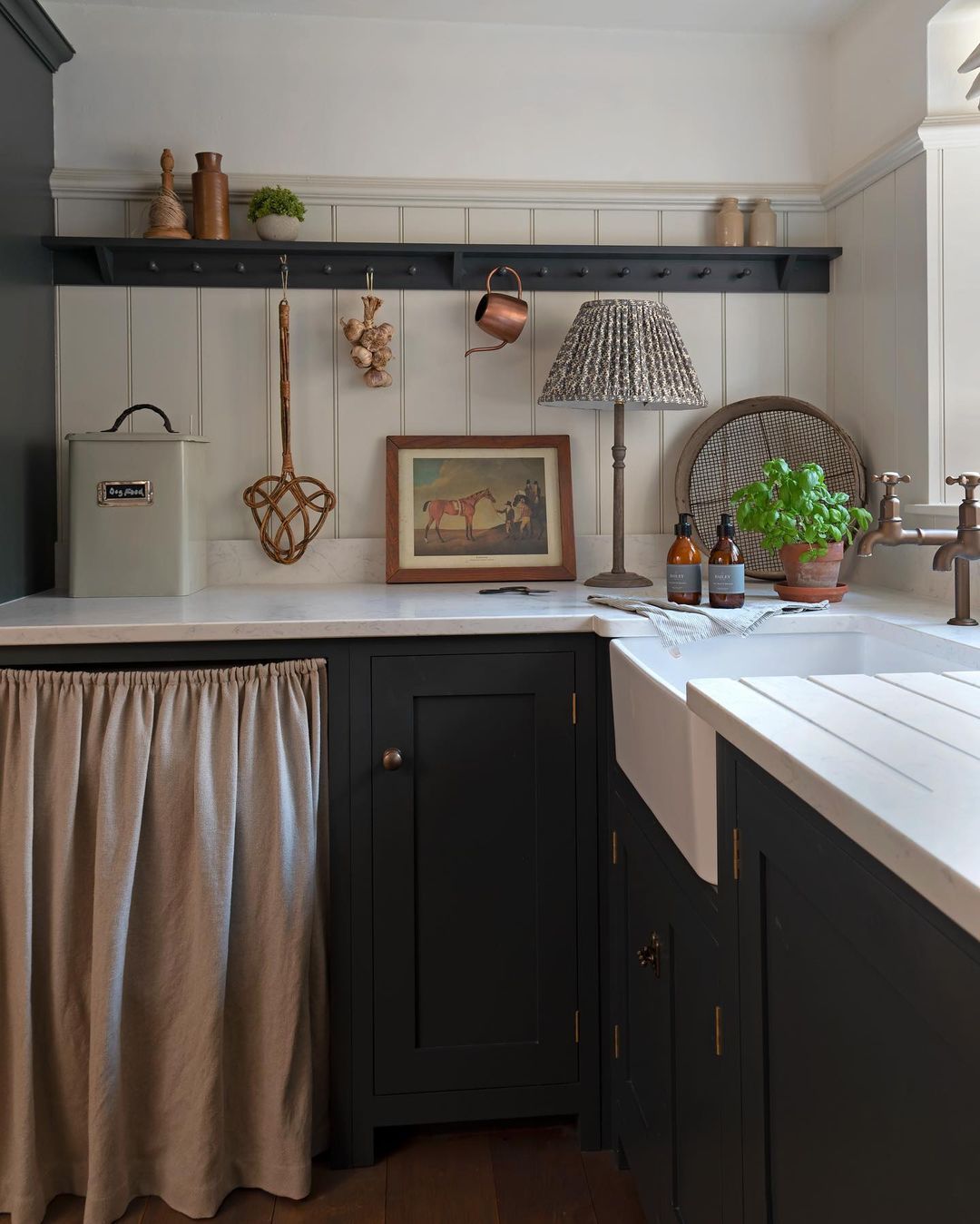 black cabinets and shiplap