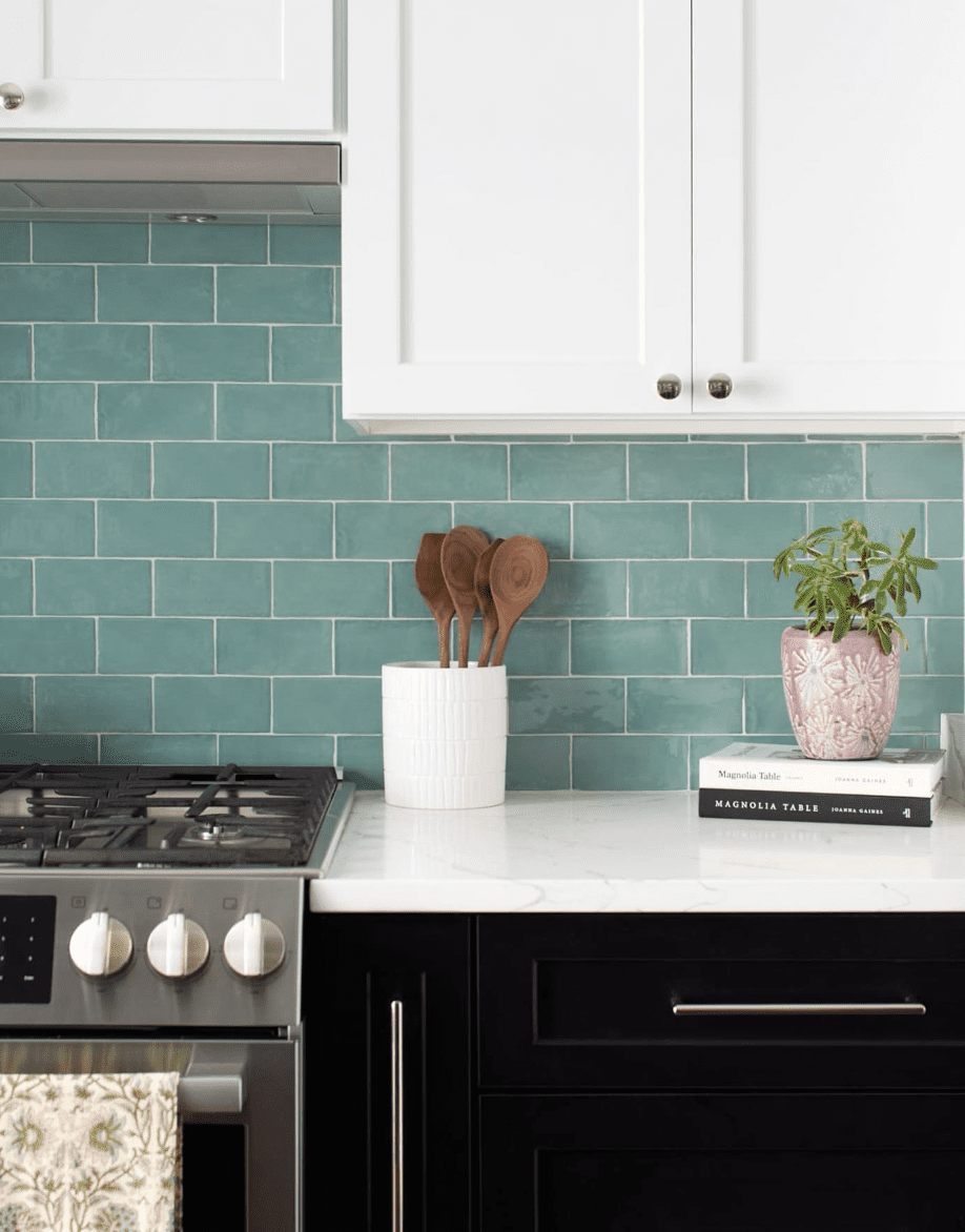 green subway tile in kitchen