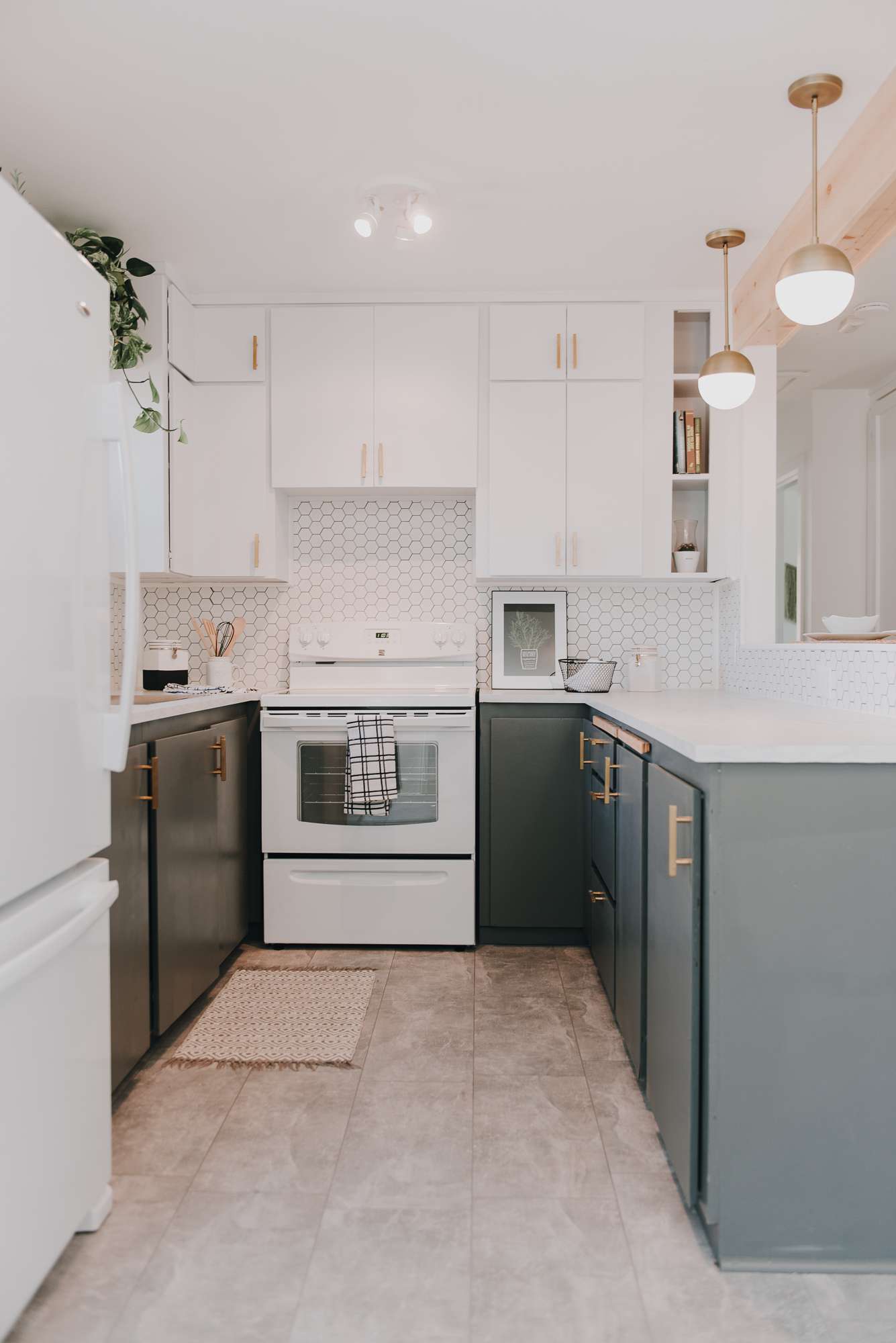 green gray cabinets and honeycomb tile