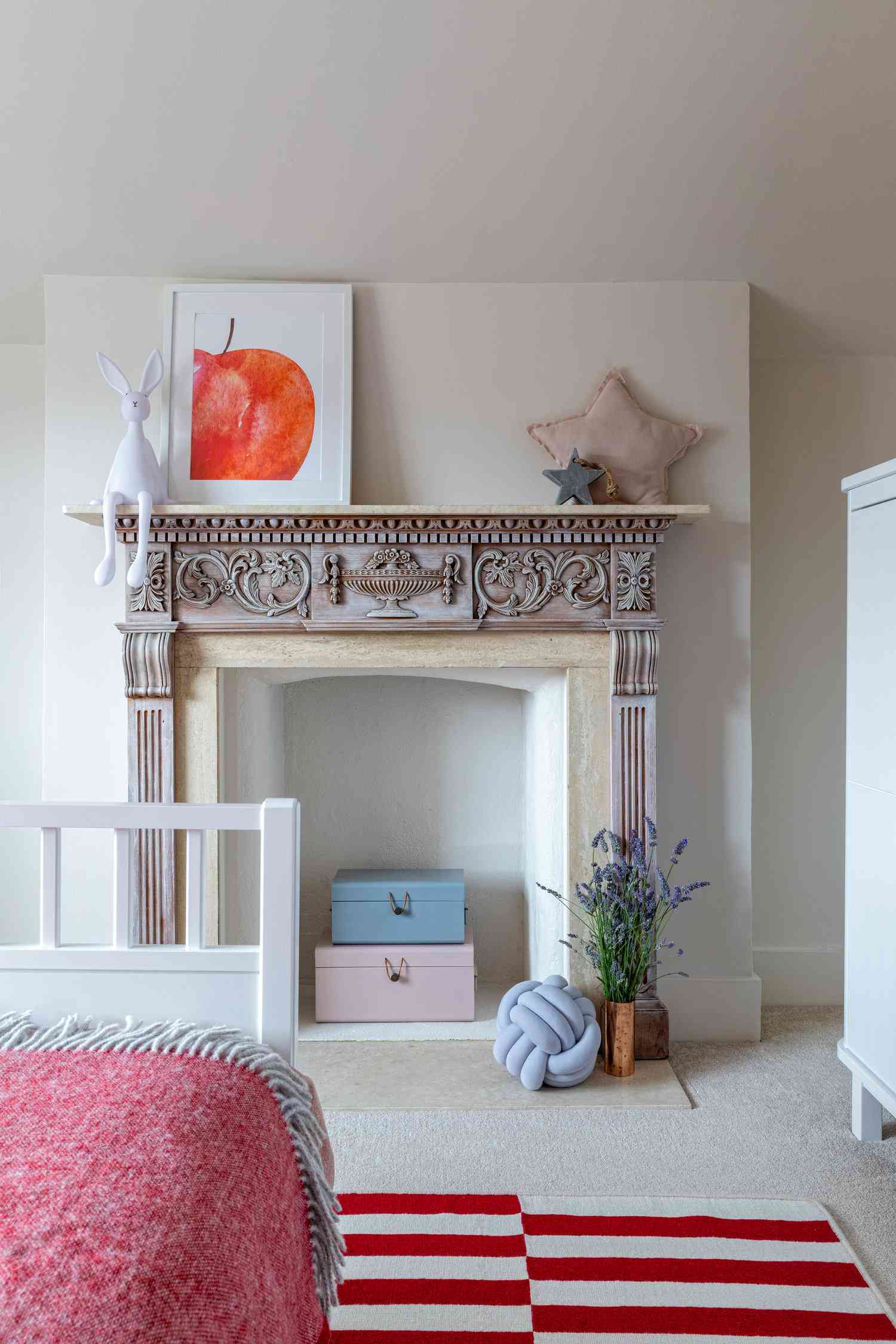 toddler room with faux fireplace