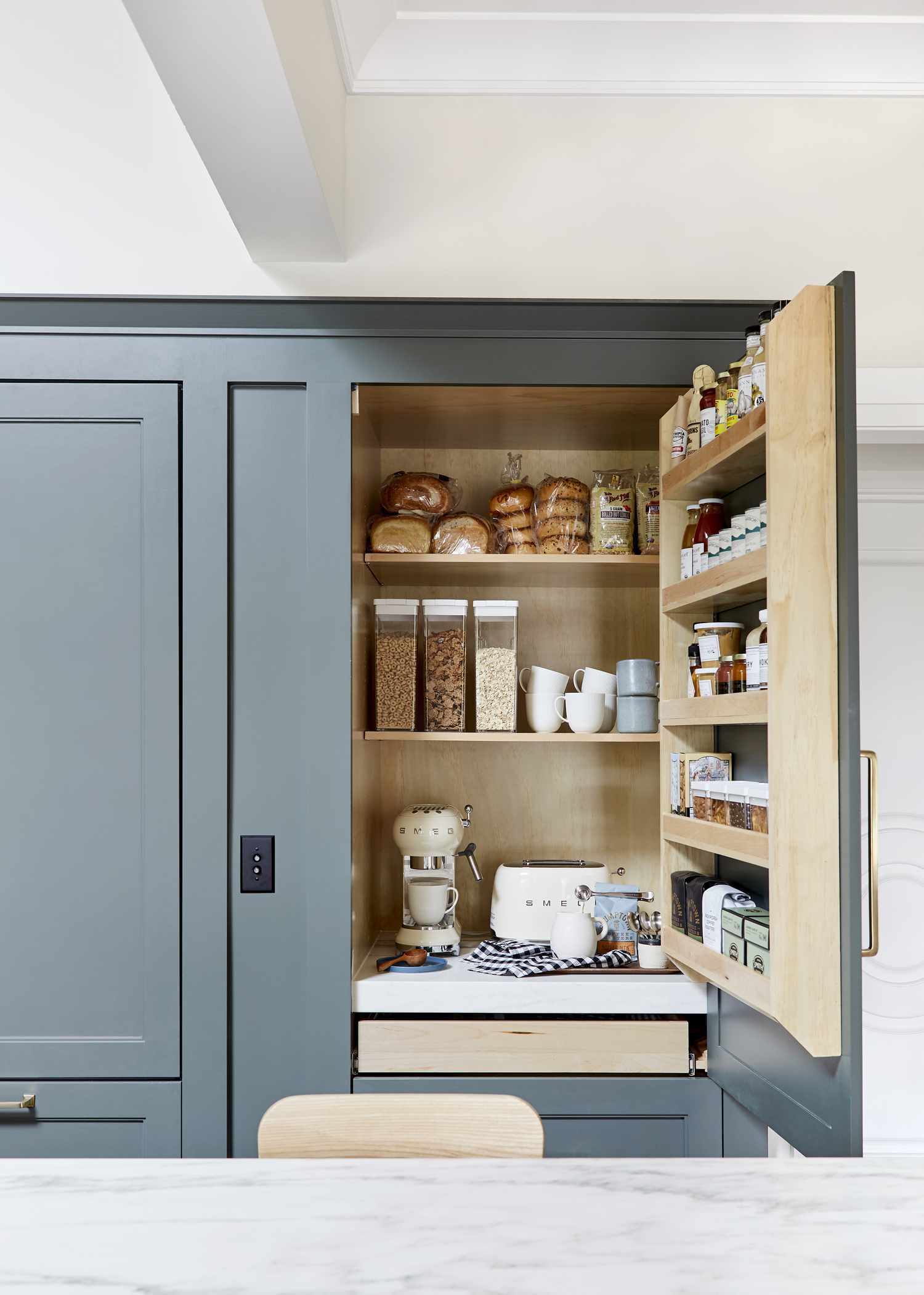 Blue pantry-style appliance garage