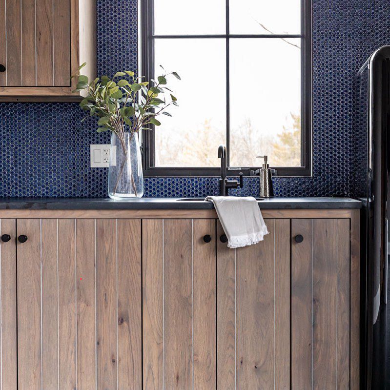 deep blues with hickory cabinets
