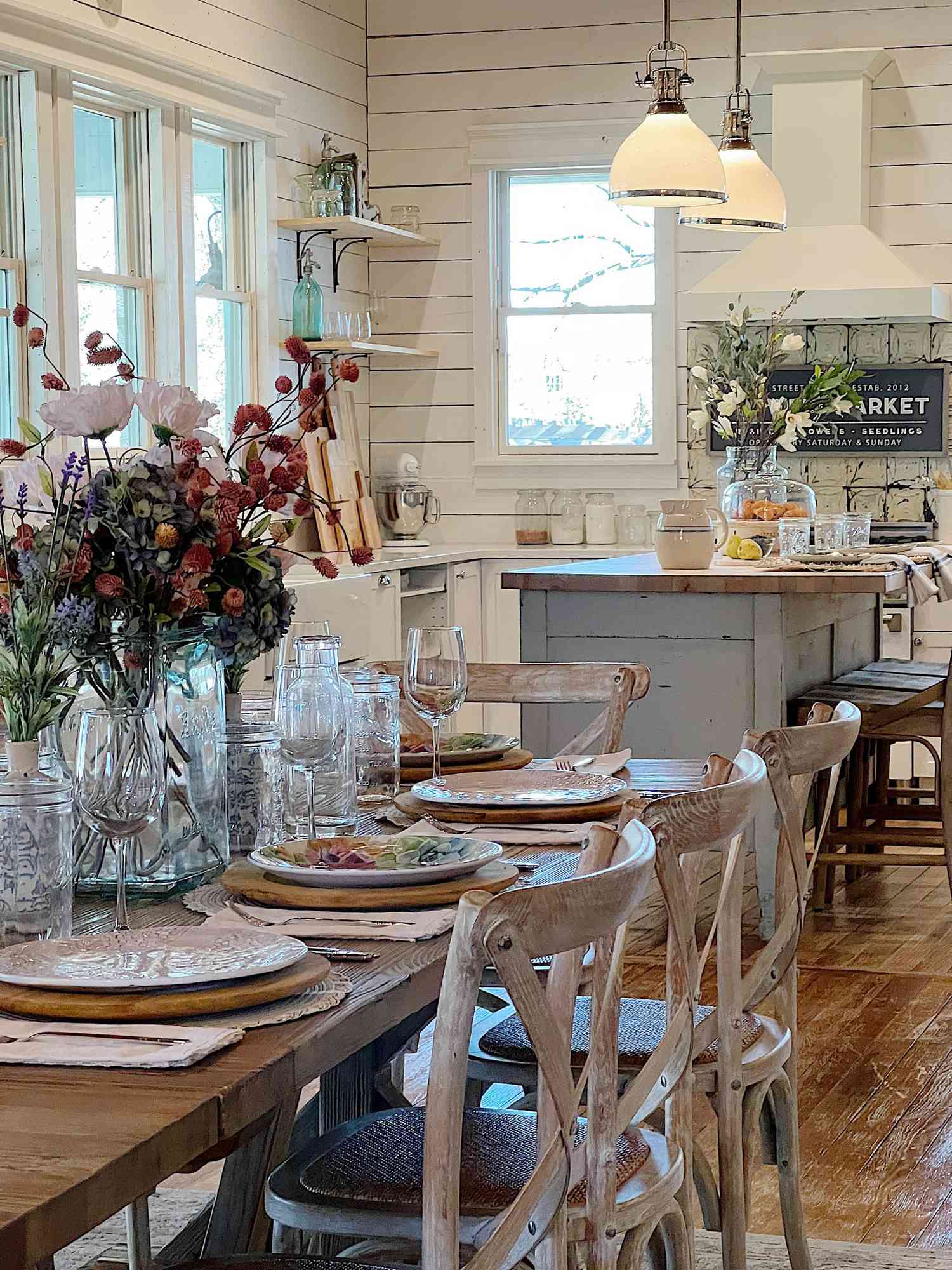 modern farmhouse dining room open to kitchen