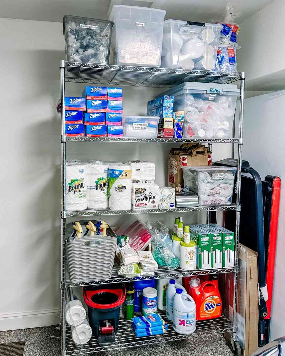 Freestanding shelf with extra stock supplies in a garage