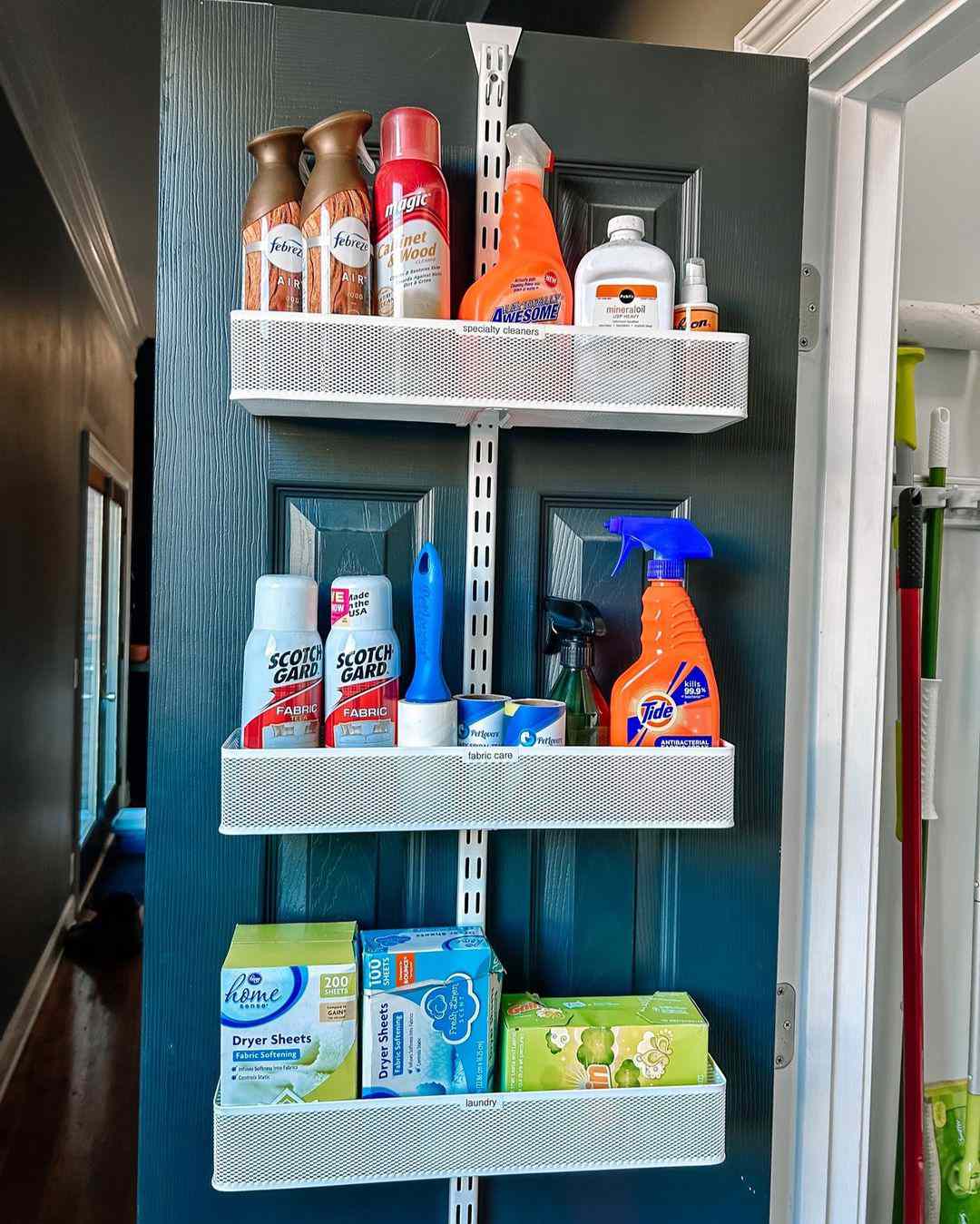 Cleaning supplies stored on an over-the-door rack