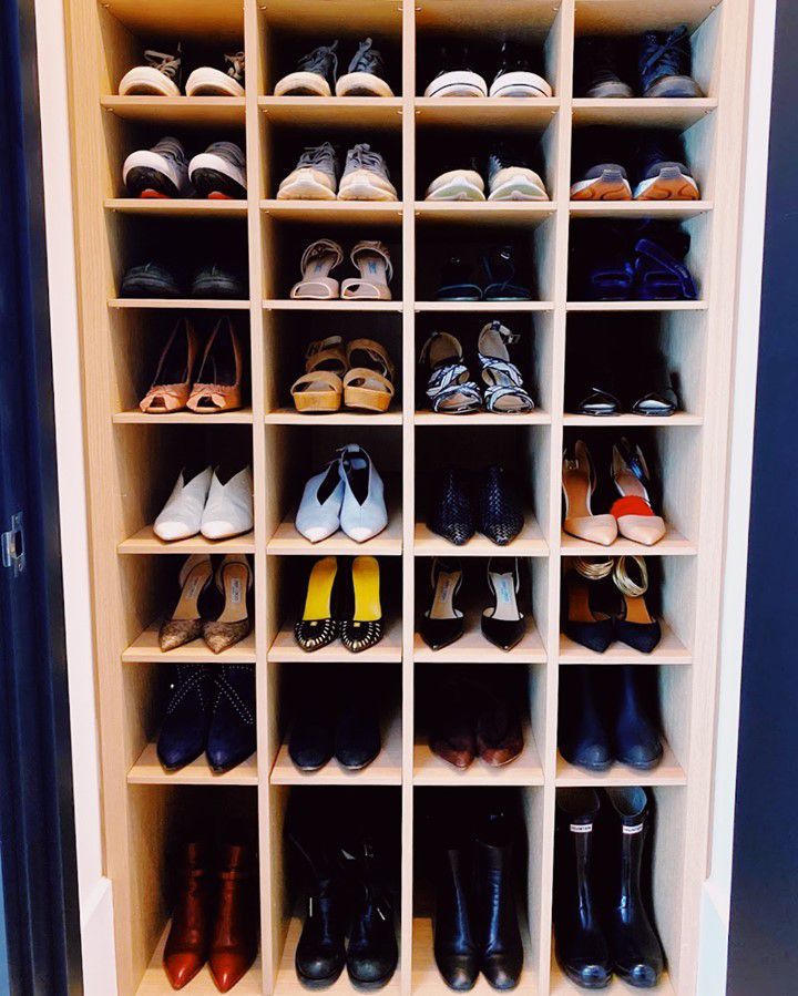 Shoes organized in cubbies