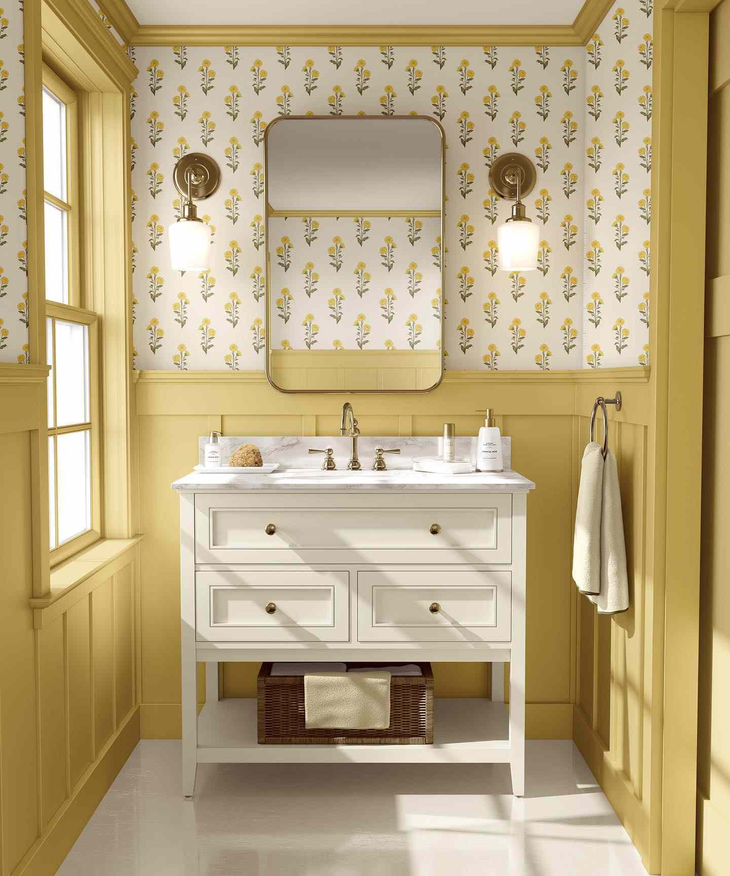 Baño amarillo con papel pintado floral