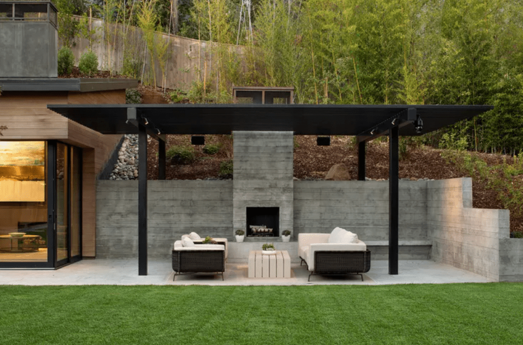 midcentury backyard with steel patio