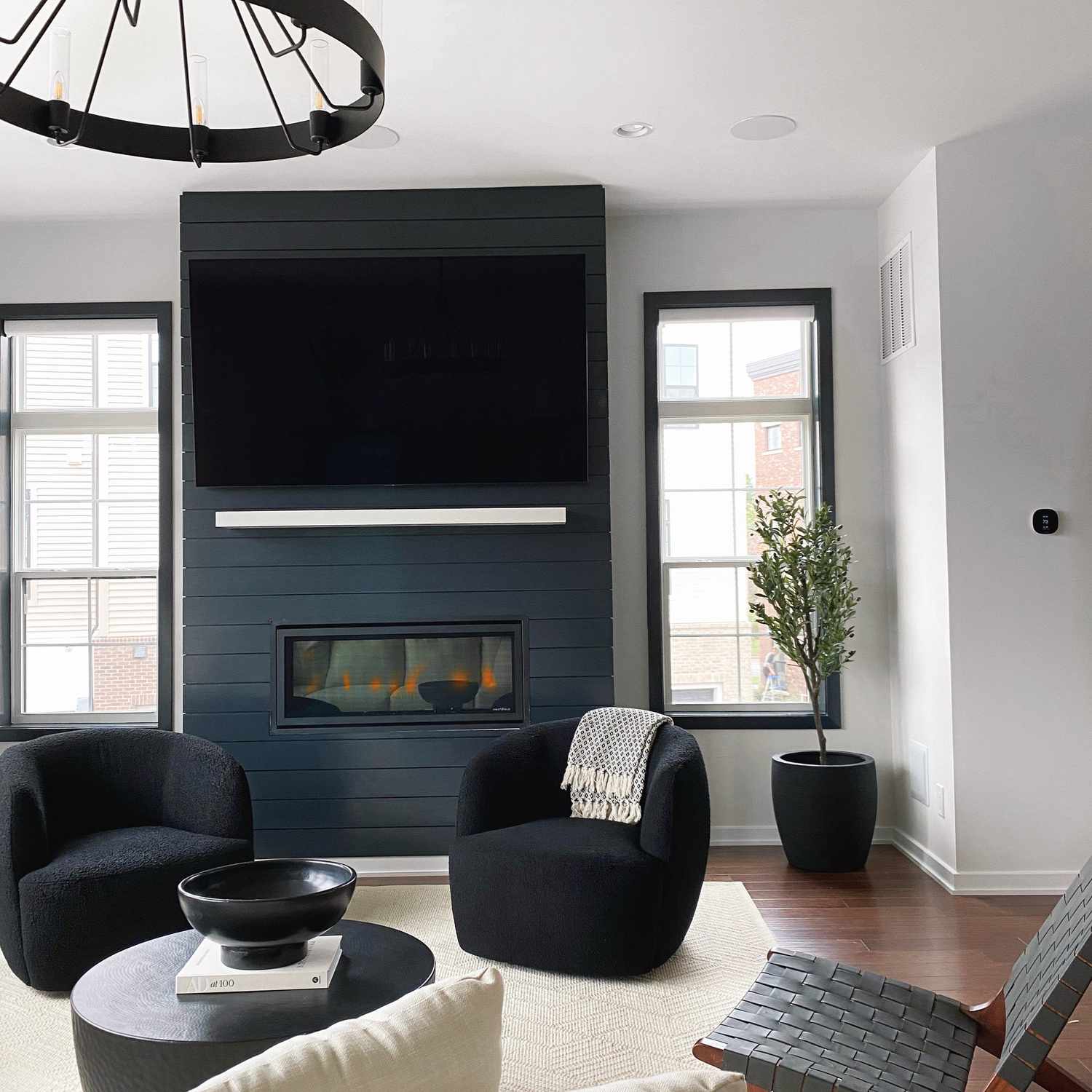 shiplap electric fireplace ideas with tv above
