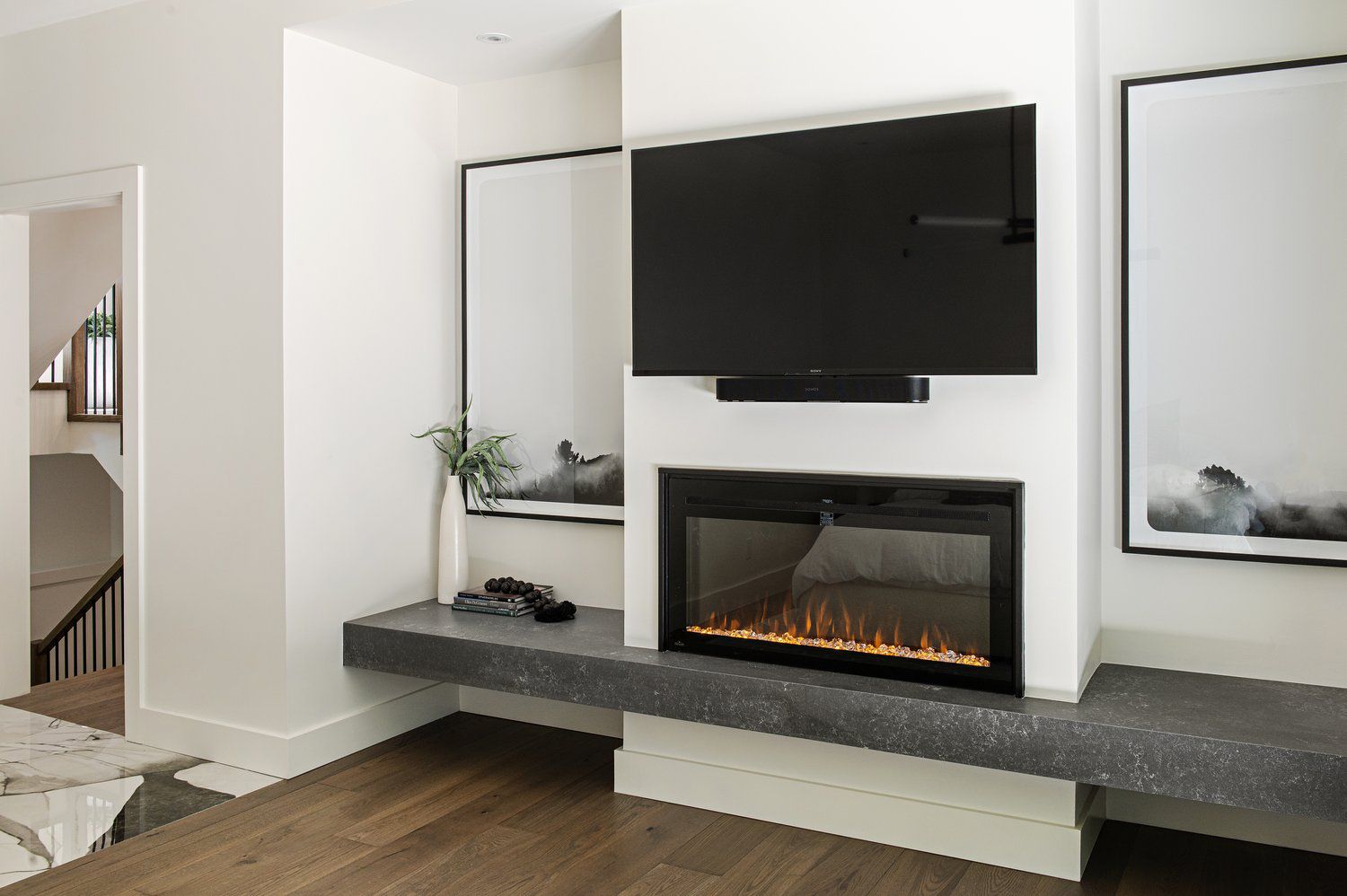linear electric fireplace ideas with tv above