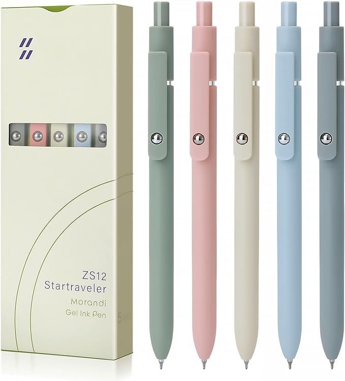 set of five pastel-colored pens on white background