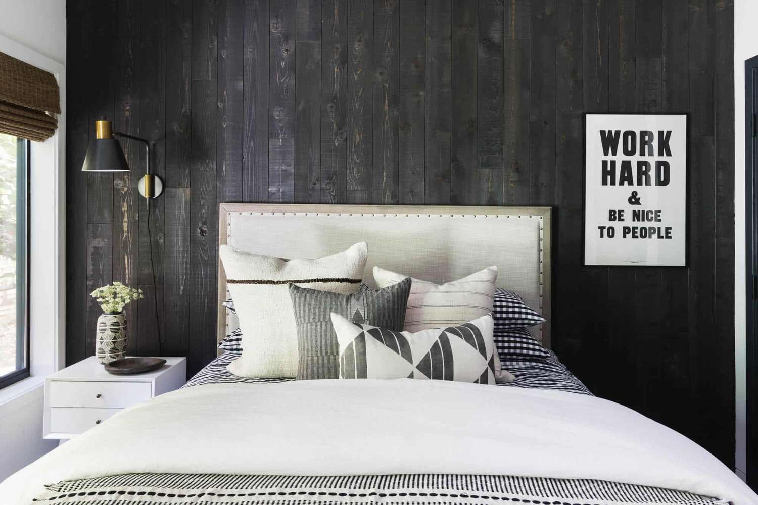 charred wood black bedroom accent wall