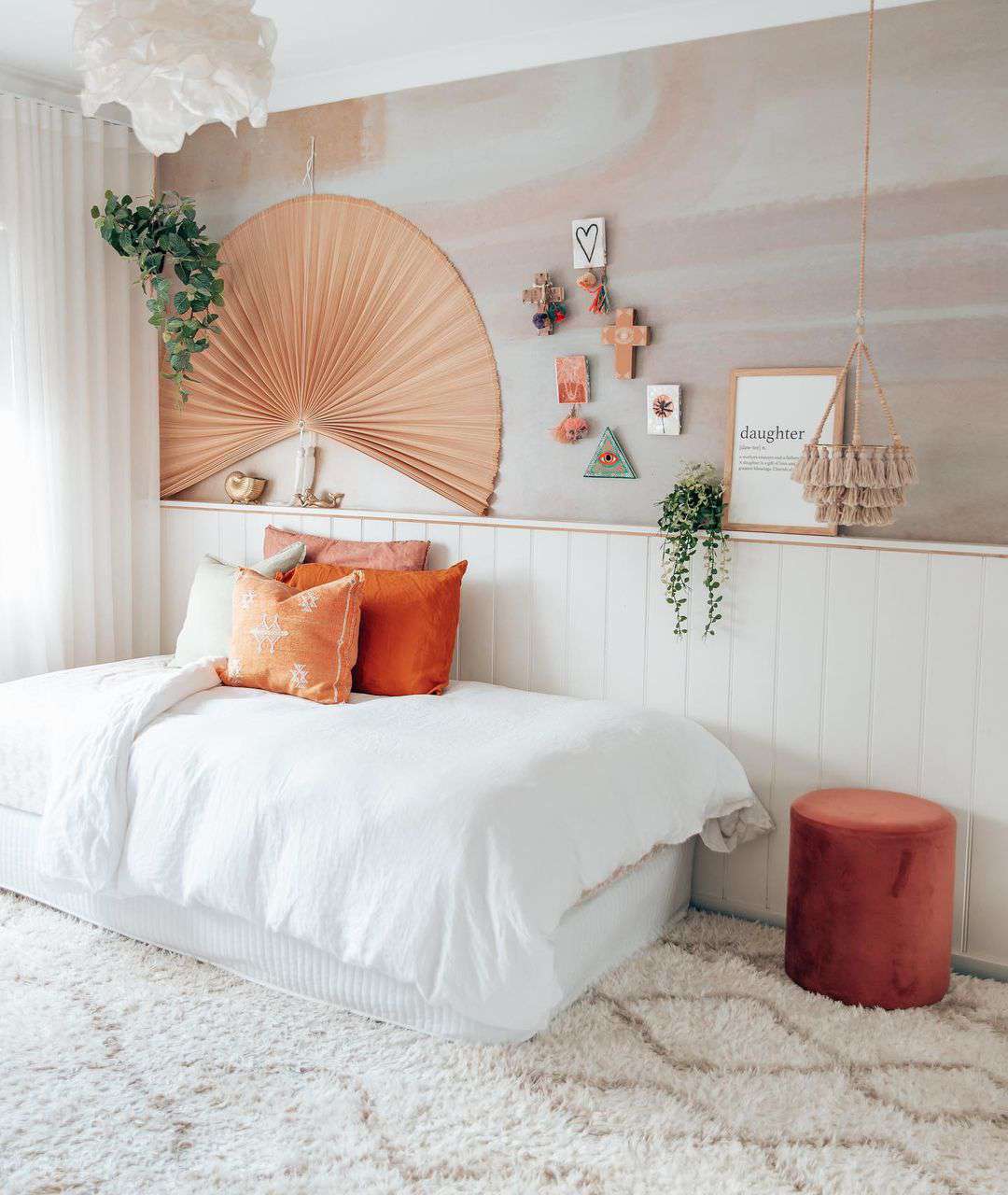 chair rail in a boho inspired teen's bedroom