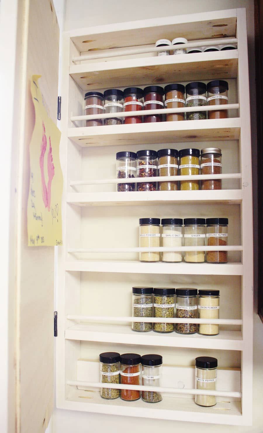 A DIY spice rack mounted on the wall