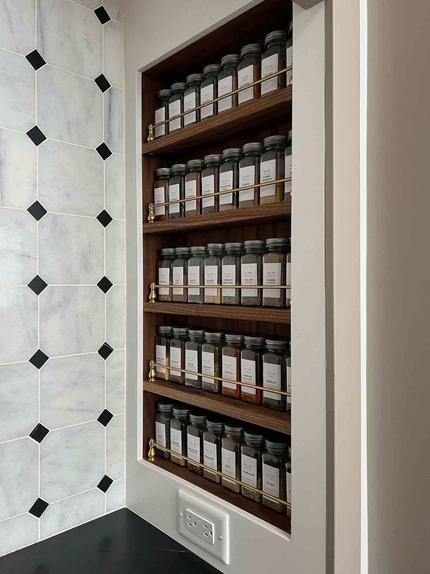 A DIY spice rack made out of wood and brass