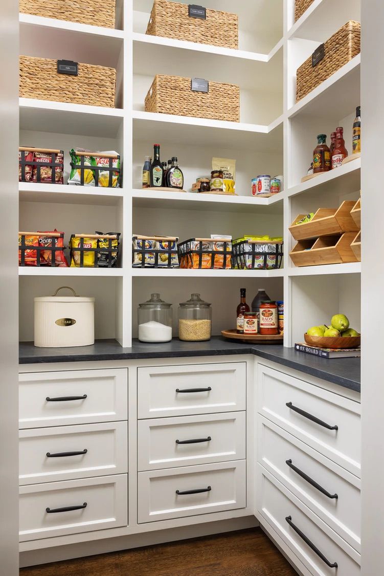 Walk-In Pantry with Countertops, Drawers, and Open Shelves