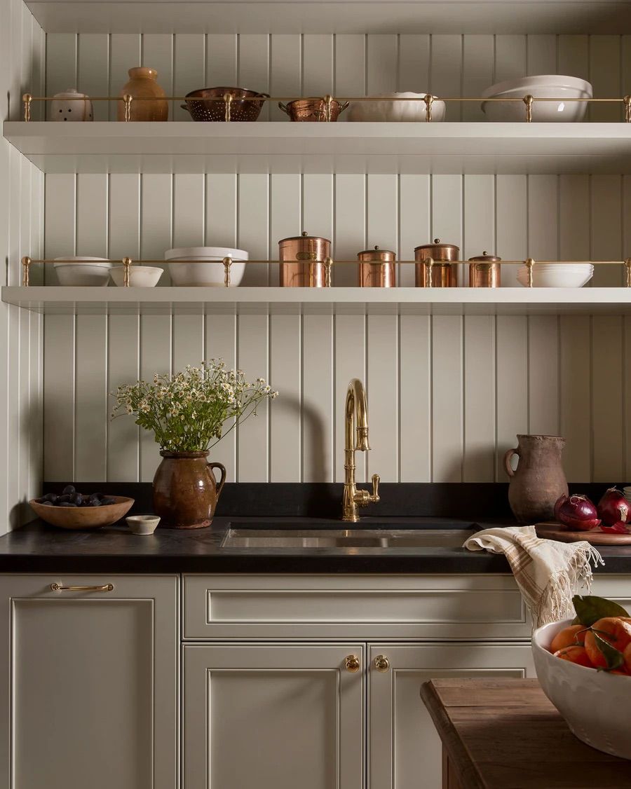 Cottage-Style Pantry with Open Shelves with Brass Rail and Shiplap Walls