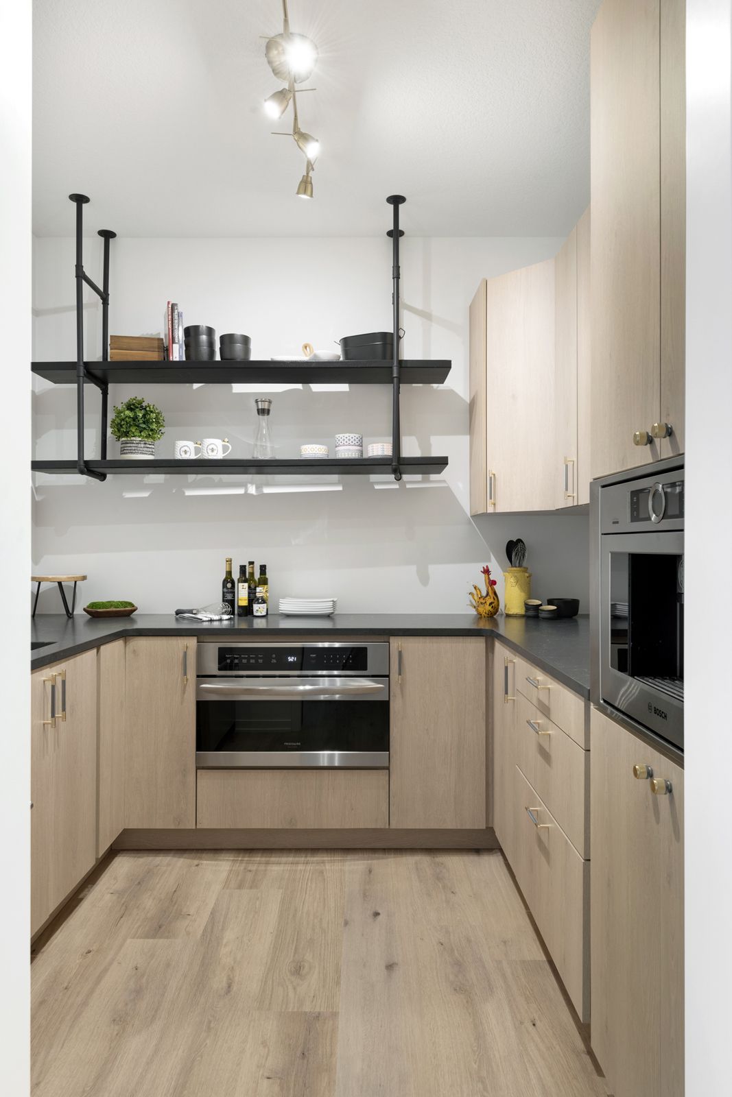 Pantry with Appliances and Ceiling Mounted Shelves