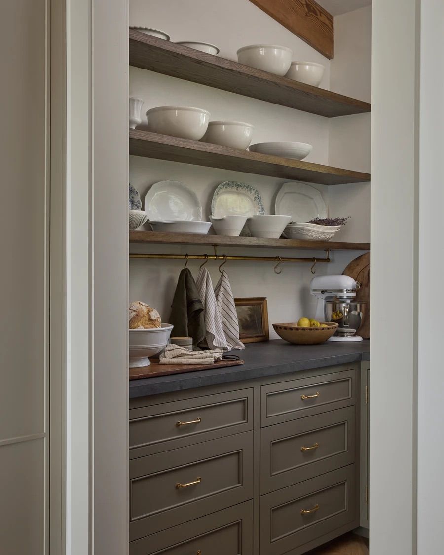 Pantry with Open Shelves, Dark Countertops, Antique Brass Accents