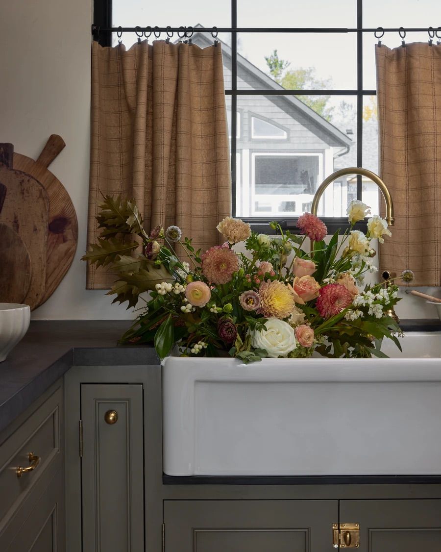 Pantry with Farmhouse Sink and Cafe Curtains