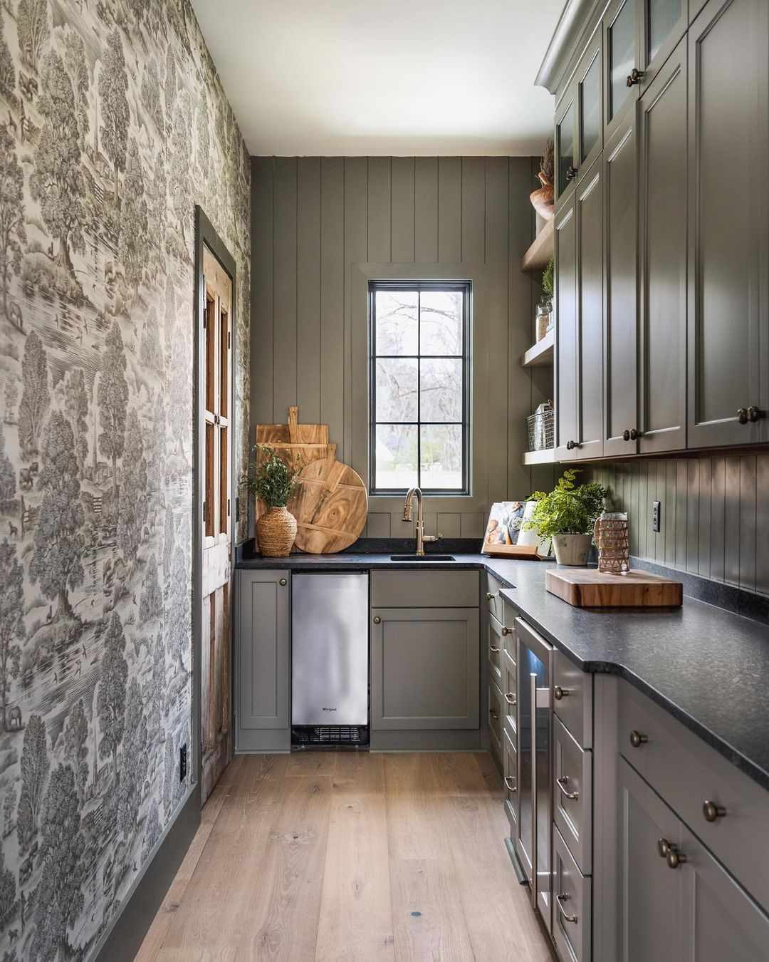 Pantry with Chinoiserie Wallpaper and Shiplap Walls