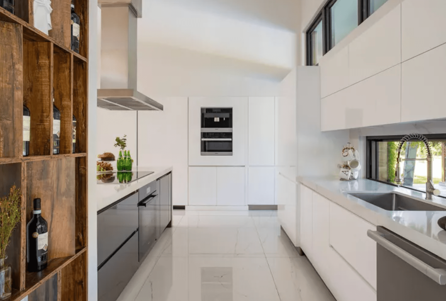 sleek white and gray kitchen