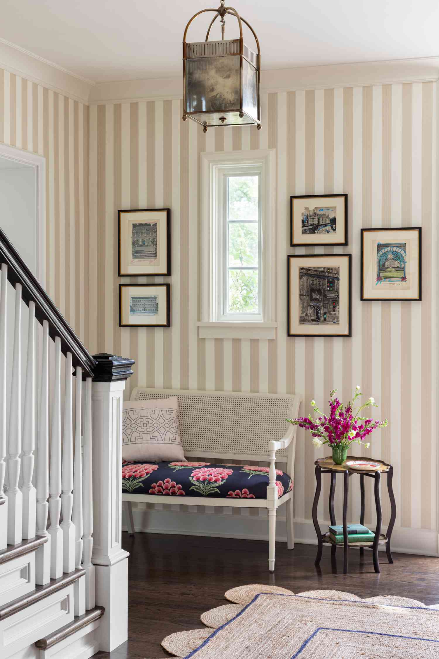 striped wallpaper in entryway