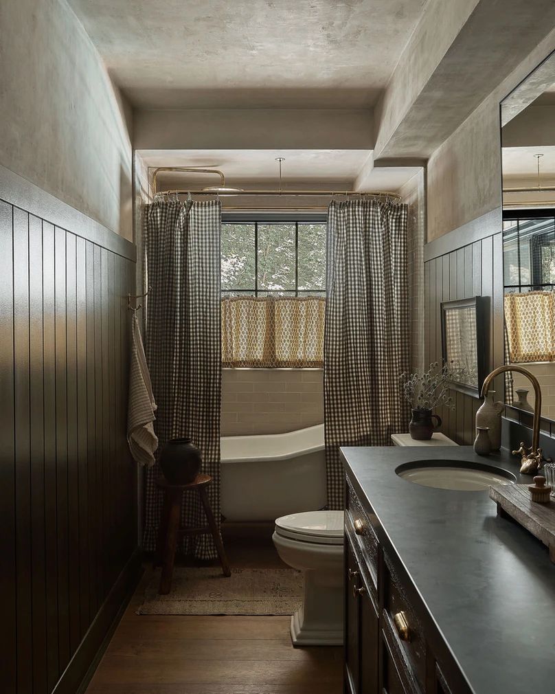 dark shiplap half wall bathroom