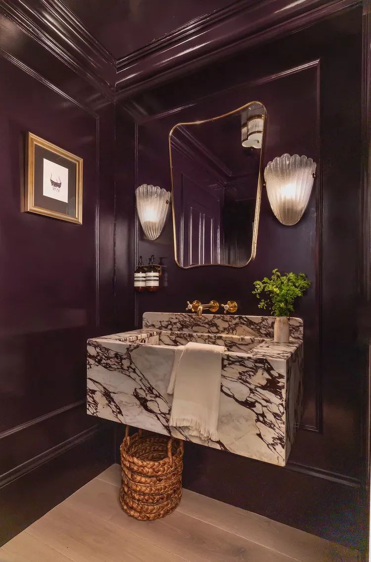 Pequeño cuarto de baño en polvo con paredes y techo de color púrpura oscuro brillante.