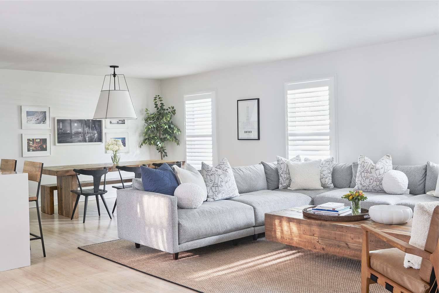 soft grey sectional and wood furniture