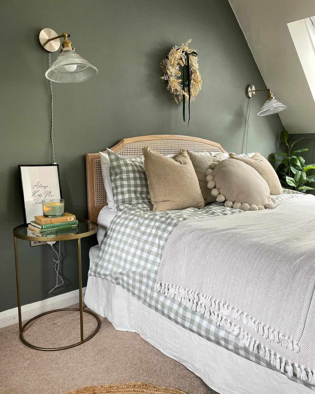 green accent wall and low ceilings